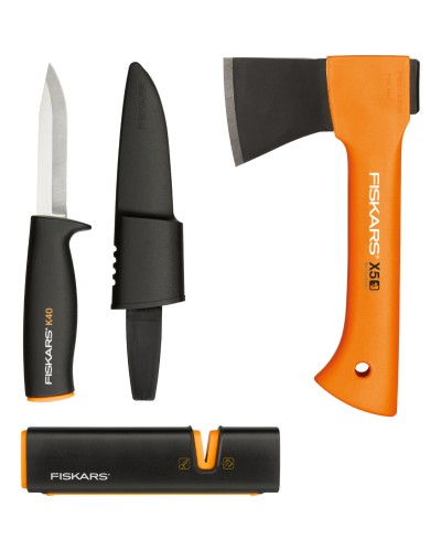 Подарочный набор Fiskars Fireplace Set, топор X5 XXS + нож K40 + точилка Xsharp (1057913)
