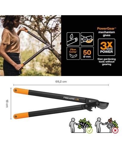 Сучкорез для зеленых веток до 50 мм Fiskars PowerGear™ L78, Bypass L 69 см, 112590 (1000584)
