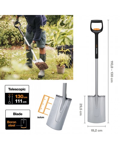 Лопата штыковая со скругленным лезвием телескопическая Fiskars Xact™ 111-130 см со шкалой, 1000620 (1066733) Лопата штыковая со скругленным лезвием телескопическая Fiskars Xact™ 111-130 см со шкалой, 1000620 (1066733)