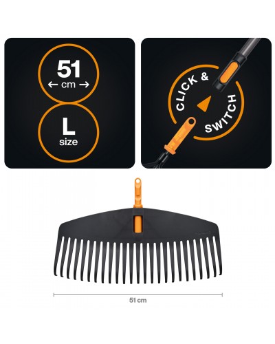 Граблі пластикові легкі для газонів Fiskars OneClick L 51 см + ручка алюмінієва L, 161 см (1080713)