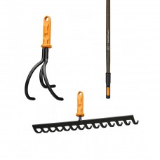 Комплект инструмента Fiskars OneClick грабли 36 см + разрыхлитель + ручка деревянная ручка 140 см (1080677+1080686)