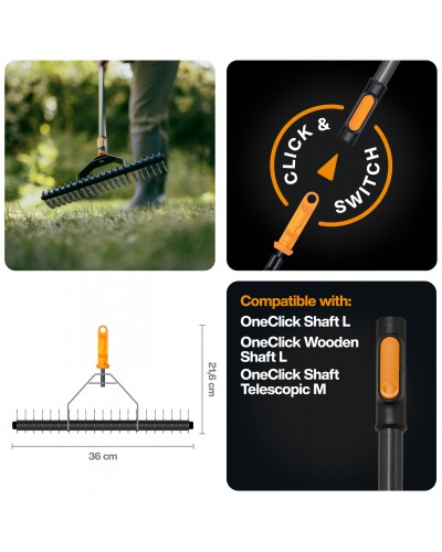 Граблі-аератор фрезеруючі для вичісування газонів Fiskars OneClick 36 см (1080679)
